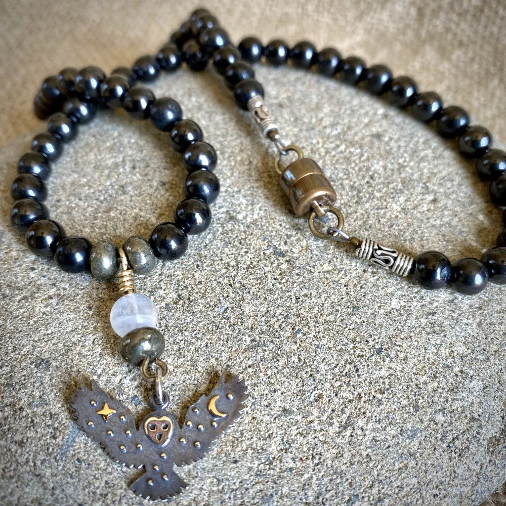 Black Shungite, Pyrite, & Selenite Necklace, Mixed Metal Owl Pendant