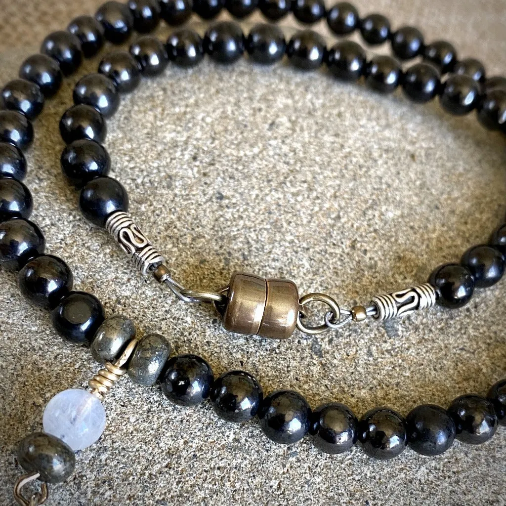 Black Shungite, Pyrite, & Selenite Necklace, Mixed Metal Owl Pendant
