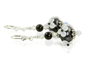 Black White Floral Lampwork Earrings
