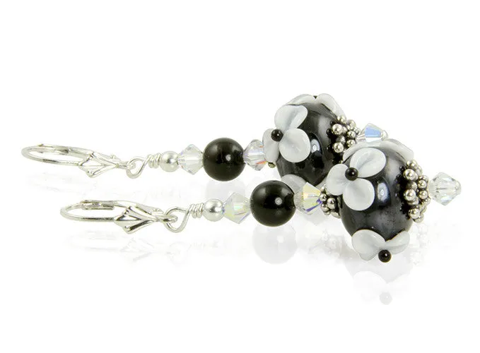 Black White Floral Lampwork Earrings