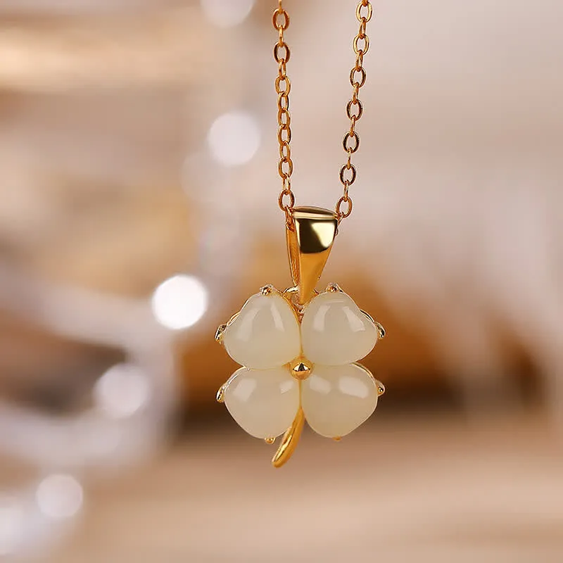 Buddha Stones 925 Sterling Silver Hetian White Jade Cyan Jade Luck Four Leaf Clover Happiness Necklace Pendant