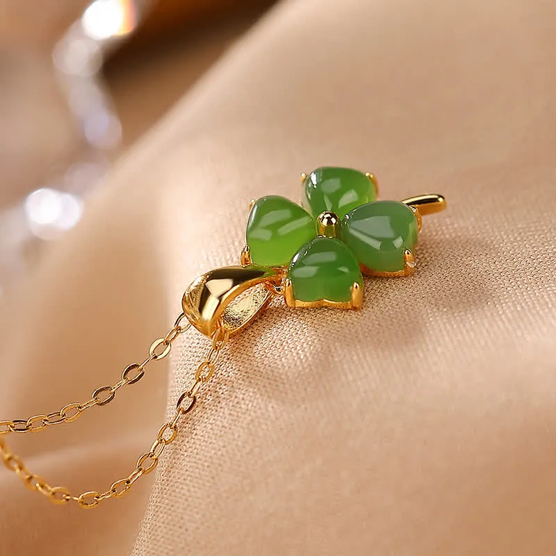 Buddha Stones 925 Sterling Silver Hetian White Jade Cyan Jade Luck Four Leaf Clover Happiness Necklace Pendant