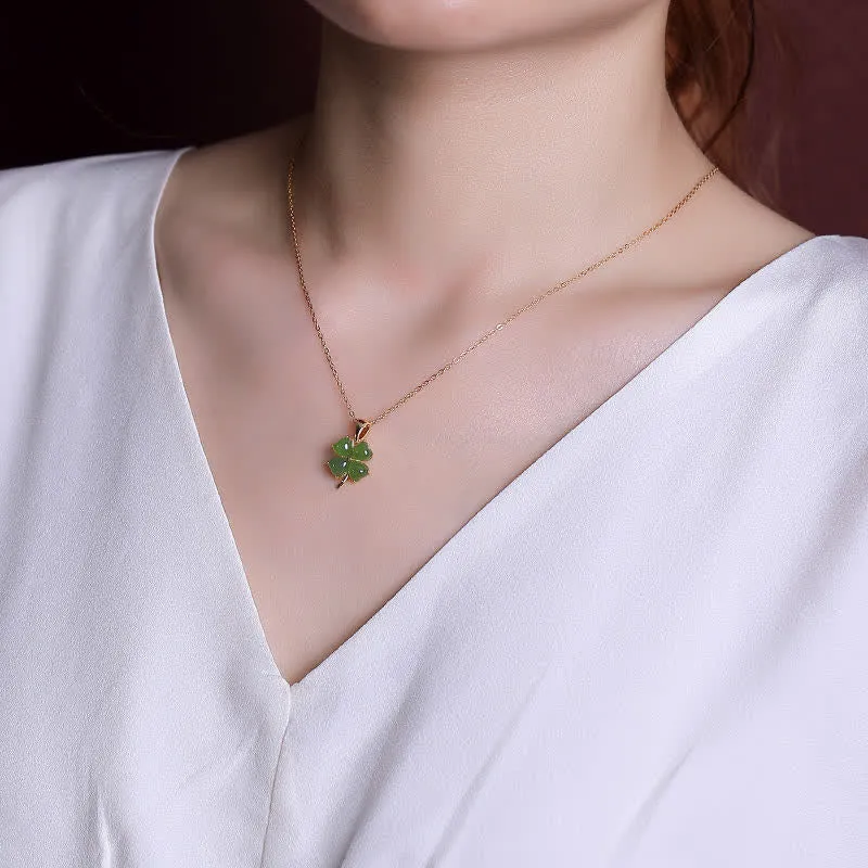 Buddha Stones 925 Sterling Silver Hetian White Jade Cyan Jade Luck Four Leaf Clover Happiness Necklace Pendant