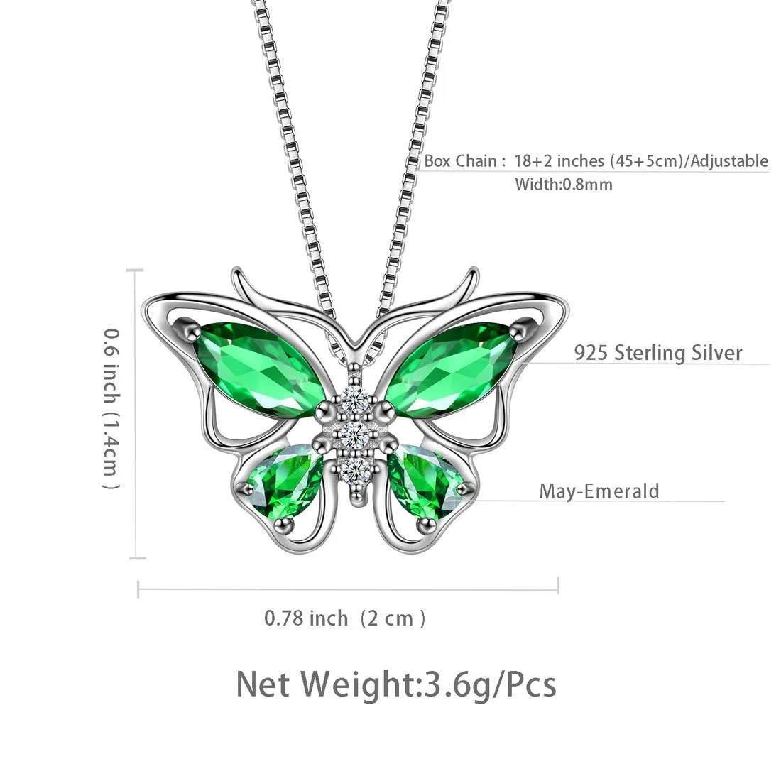 Butterfly Pendant Necklace Birthstone May Emerald Women Girls Jewelry Birthday Gift