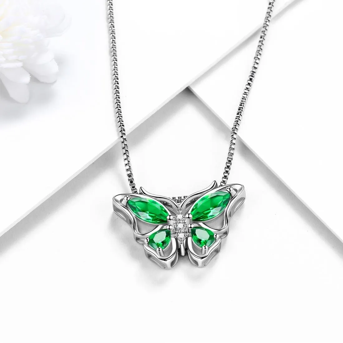 Butterfly Pendant Necklace Birthstone May Emerald Women Girls Jewelry Birthday Gift