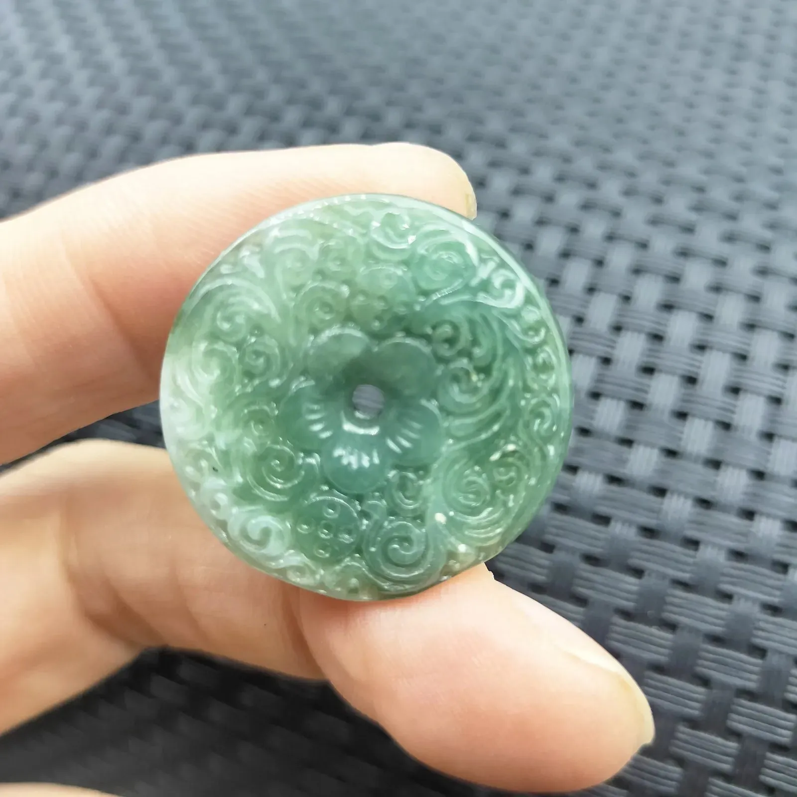 Certified Green Natural Type A Jadeite Carved Moire Safety Circle Donut Pendant Necklace