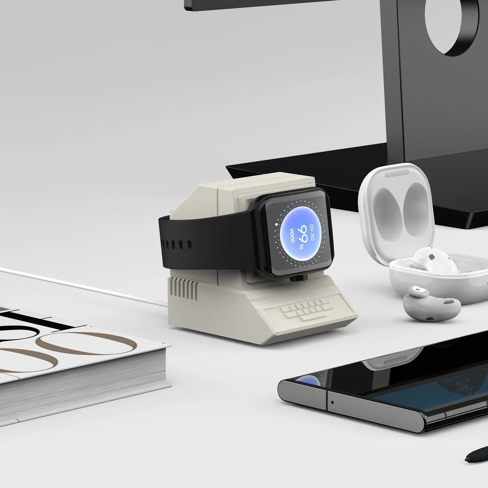Charging Dock Station for OPPO Watch 3 Pro - Smart Watch Charger Stand with Retro Computer Pattern Bracket