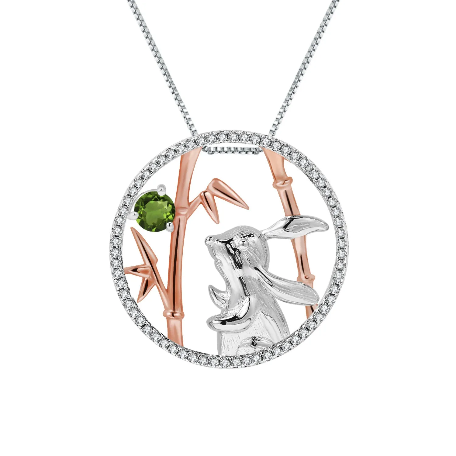 Chinese Style Inlaid Natural Colourful Gemstone Jade Rabbit Pendant Silver Necklace for Women