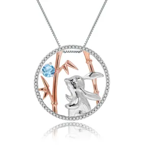 Chinese Style Inlaid Natural Colourful Gemstone Jade Rabbit Pendant Silver Necklace for Women