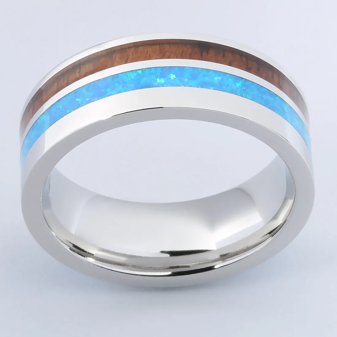 Cobalt Opal Wedding Ring with Koa Wood Flat 8mm