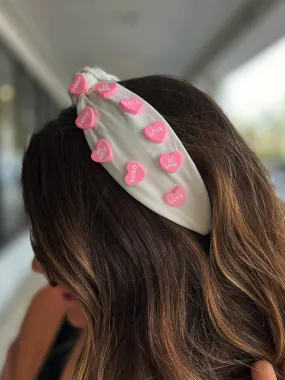 Conversation Heart Headband  - White/Pink Hearts