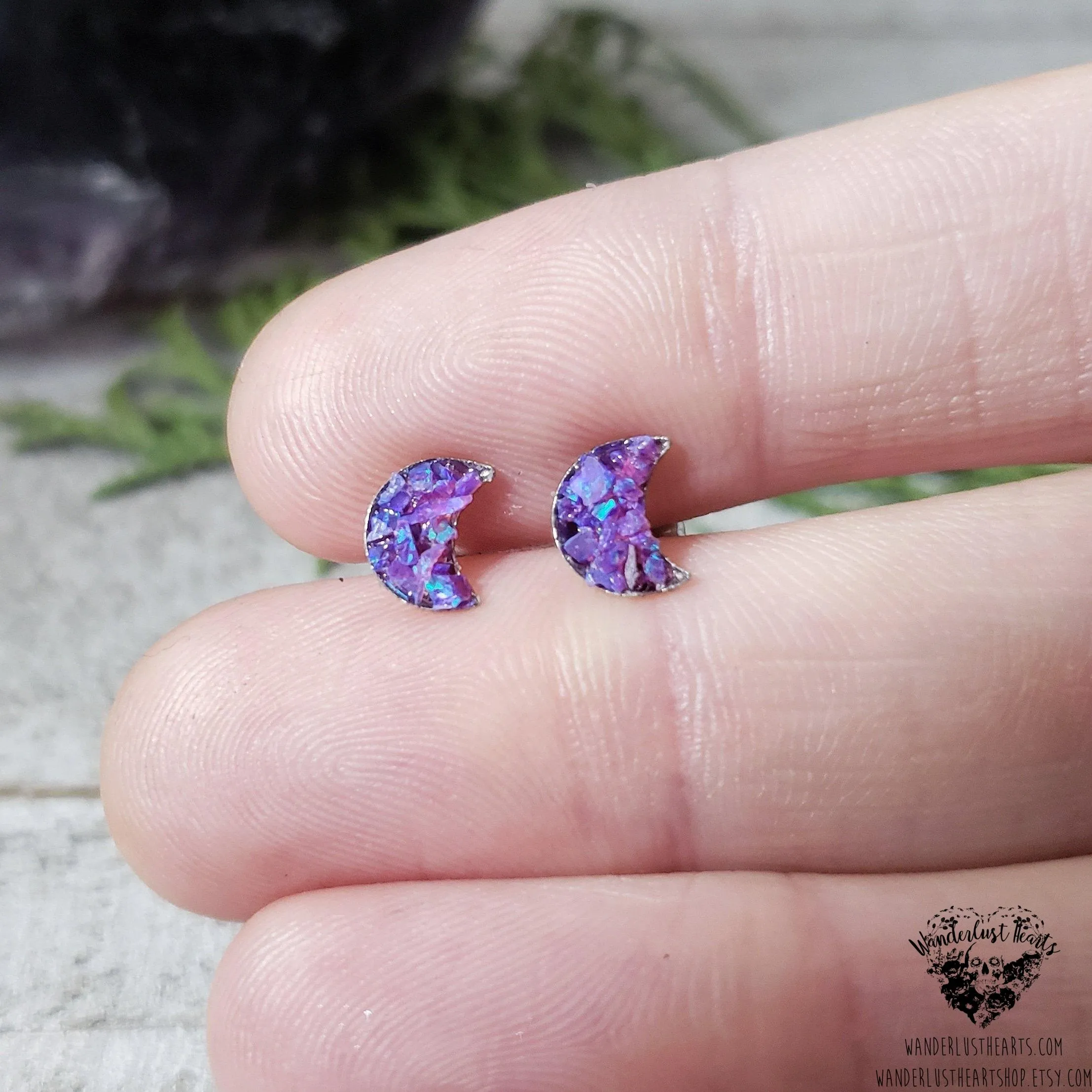 Crushed opal moon stud earrings