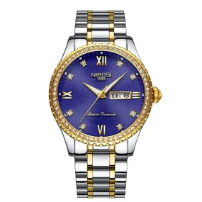 Diamond-Embedded Gold Watch Double Calendar 3-Pin Solid Men's Steel Strap Watch 30 M Waterproof Luminous All-Gold Men's Watch