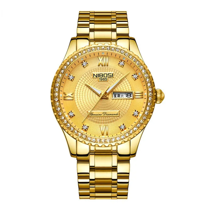Diamond-Embedded Gold Watch Double Calendar 3-Pin Solid Men's Steel Strap Watch 30 M Waterproof Luminous All-Gold Men's Watch