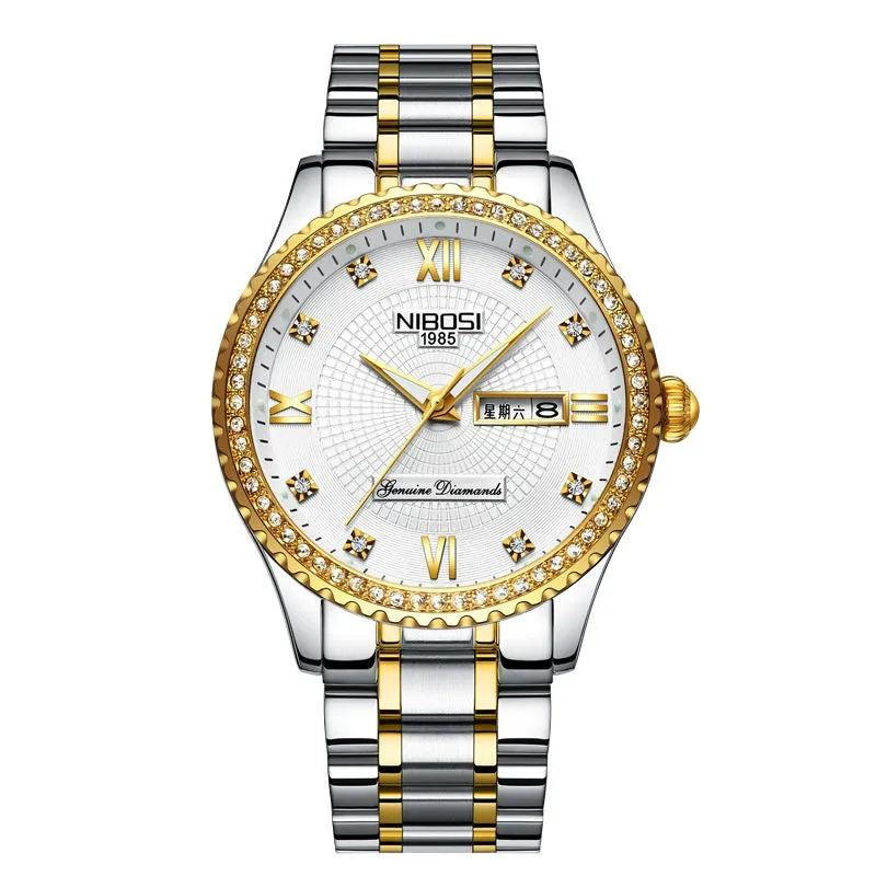 Diamond-Embedded Gold Watch Double Calendar 3-Pin Solid Men's Steel Strap Watch 30 M Waterproof Luminous All-Gold Men's Watch