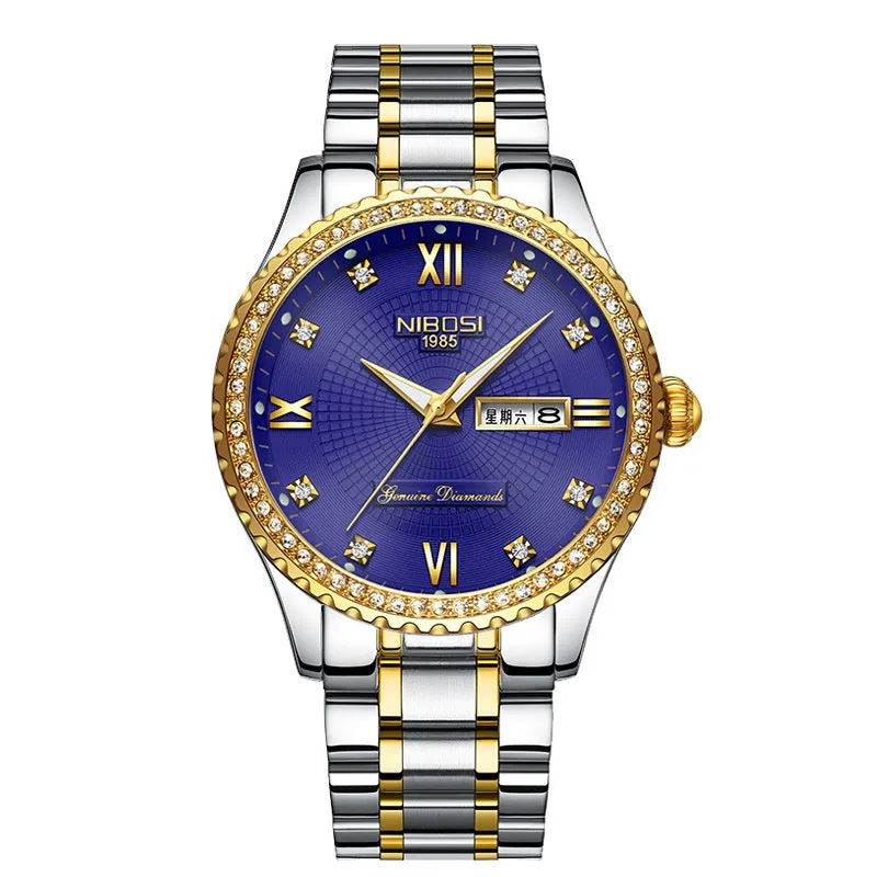 Diamond-Embedded Gold Watch Double Calendar 3-Pin Solid Men's Steel Strap Watch 30 M Waterproof Luminous All-Gold Men's Watch