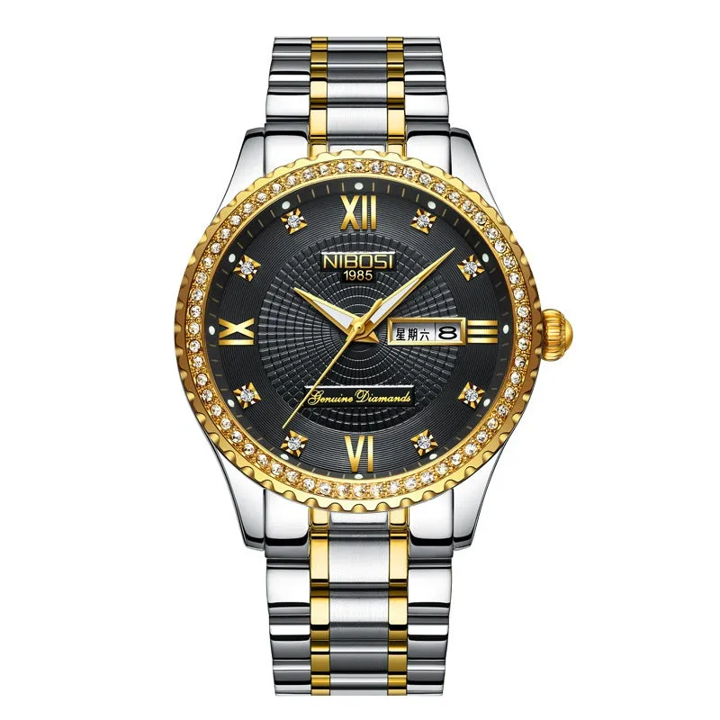 Diamond-Embedded Gold Watch Double Calendar 3-Pin Solid Men's Steel Strap Watch 30 M Waterproof Luminous All-Gold Men's Watch