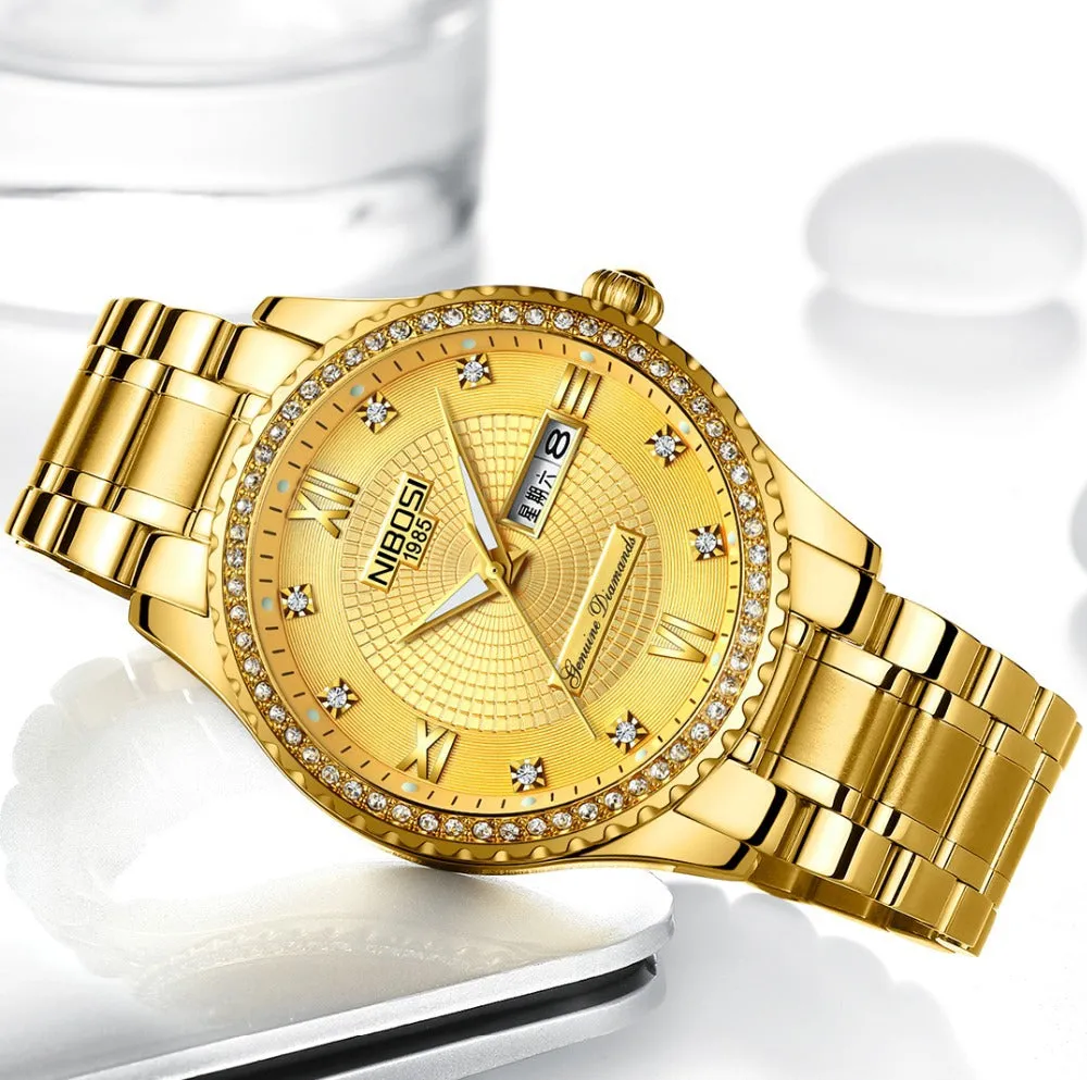Diamond-Embedded Gold Watch Double Calendar 3-Pin Solid Men's Steel Strap Watch 30 M Waterproof Luminous All-Gold Men's Watch