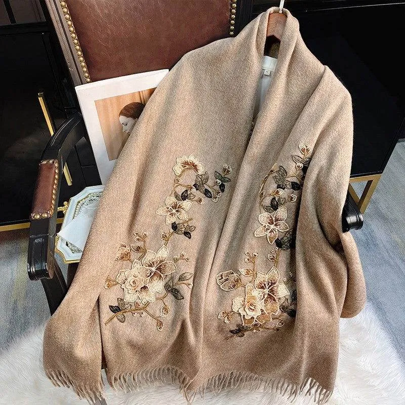 Embroidery 100% Pure Cashmere Scarf Gardenia 200x60 cm