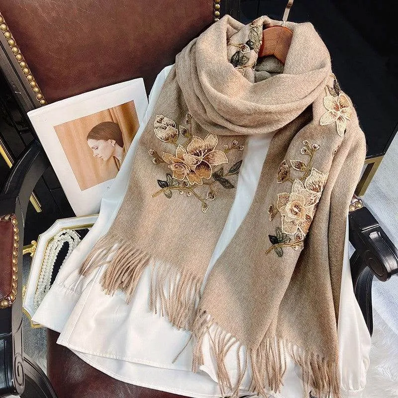 Embroidery 100% Pure Cashmere Scarf Gardenia 200x60 cm