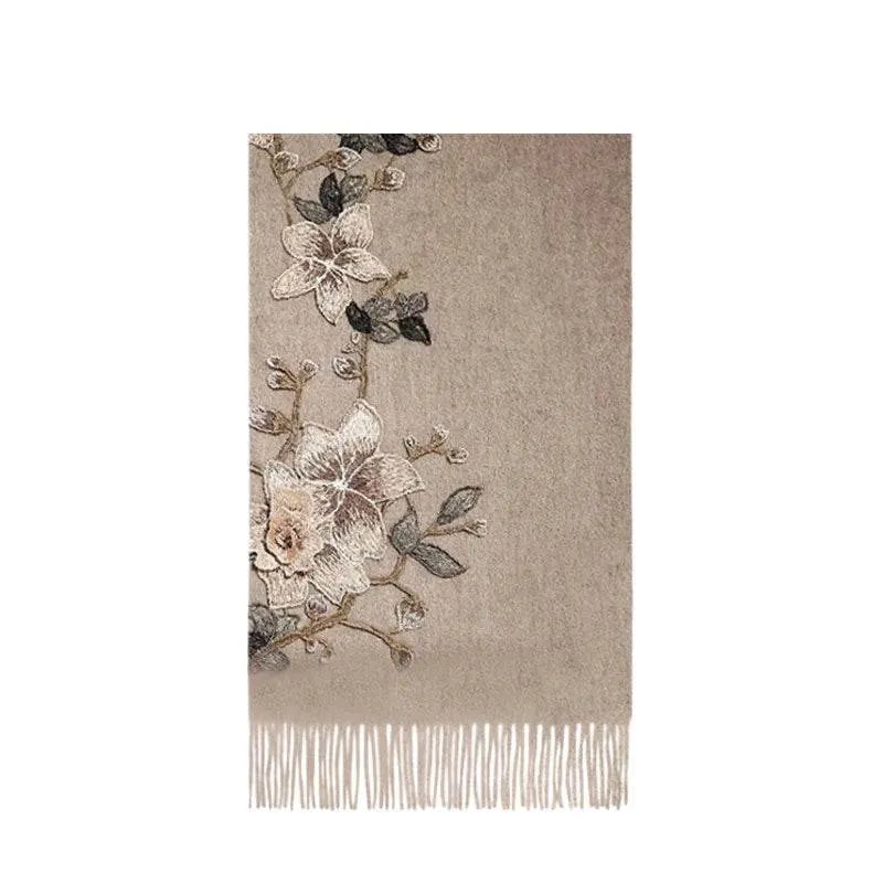 Embroidery 100% Pure Cashmere Scarf Gardenia 200x60 cm