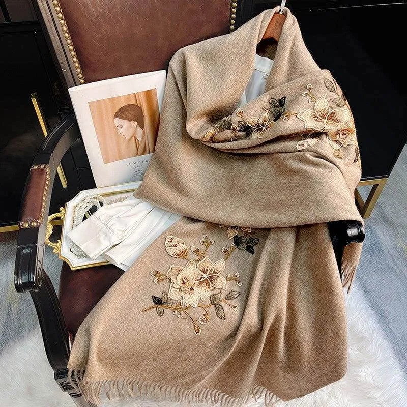 Embroidery 100% Pure Cashmere Scarf Gardenia 200x60 cm