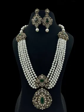 Emerald Essence White Necklace with Green Stone Earrings - Rent