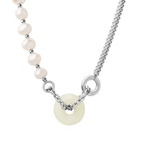 Ethnic Fusion Freshwater Pearl and Jade Pendant Necklace with Titanium Steel Chain