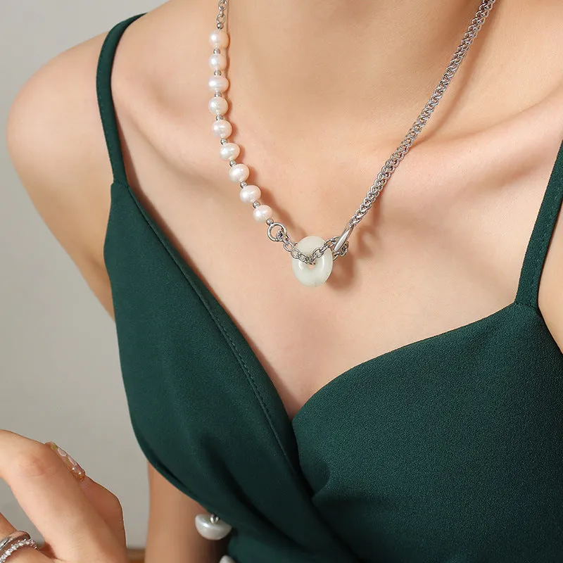 Ethnic Fusion Freshwater Pearl and Jade Pendant Necklace with Titanium Steel Chain