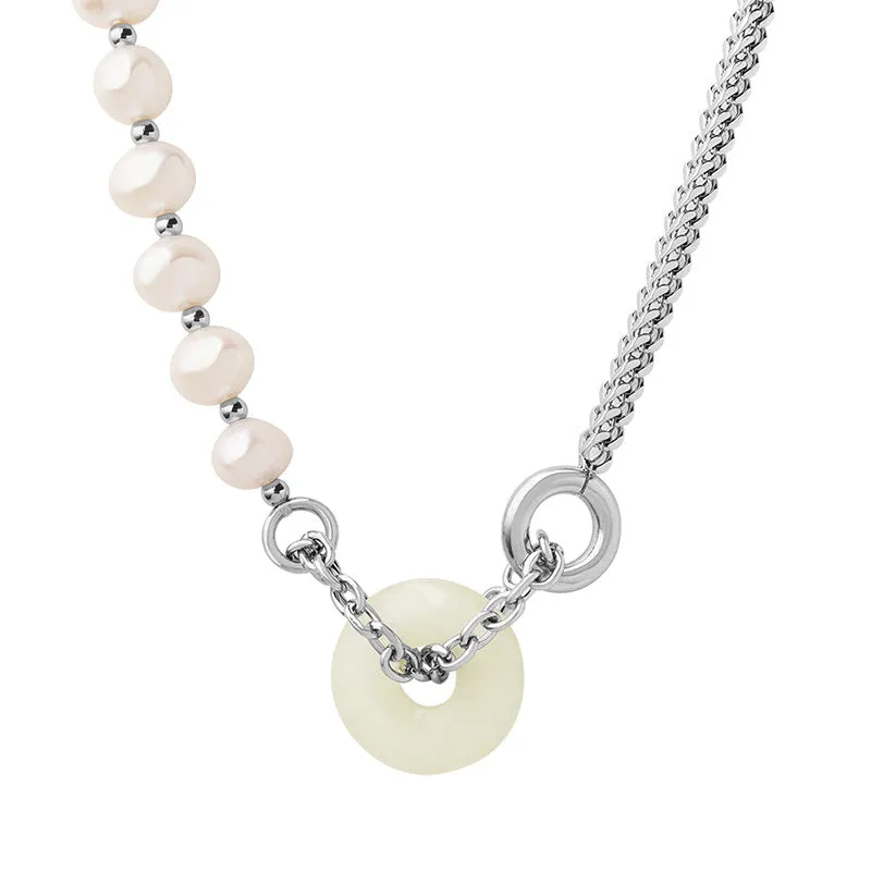 Ethnic Fusion Freshwater Pearl and Jade Pendant Necklace with Titanium Steel Chain
