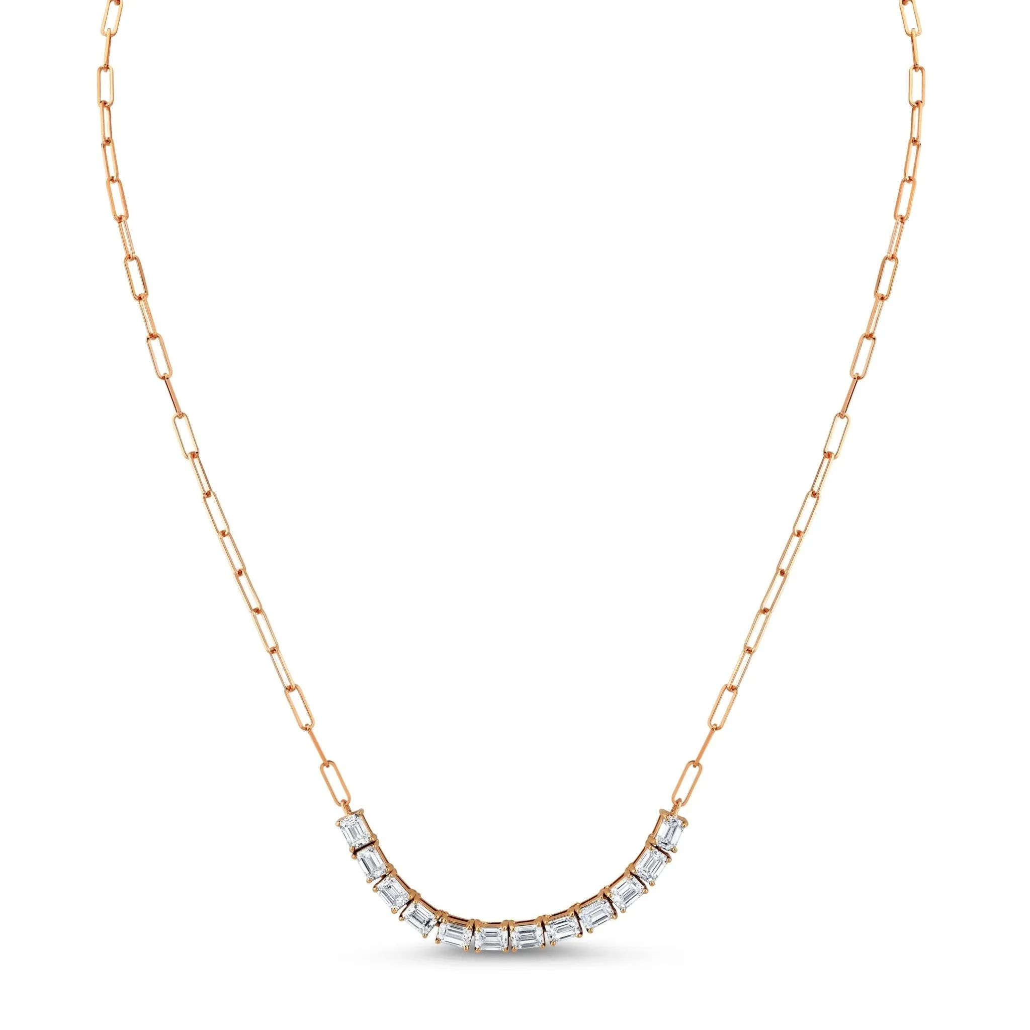 Floating East West Emerald Cut diamond Pendant on Paperclip Chain
