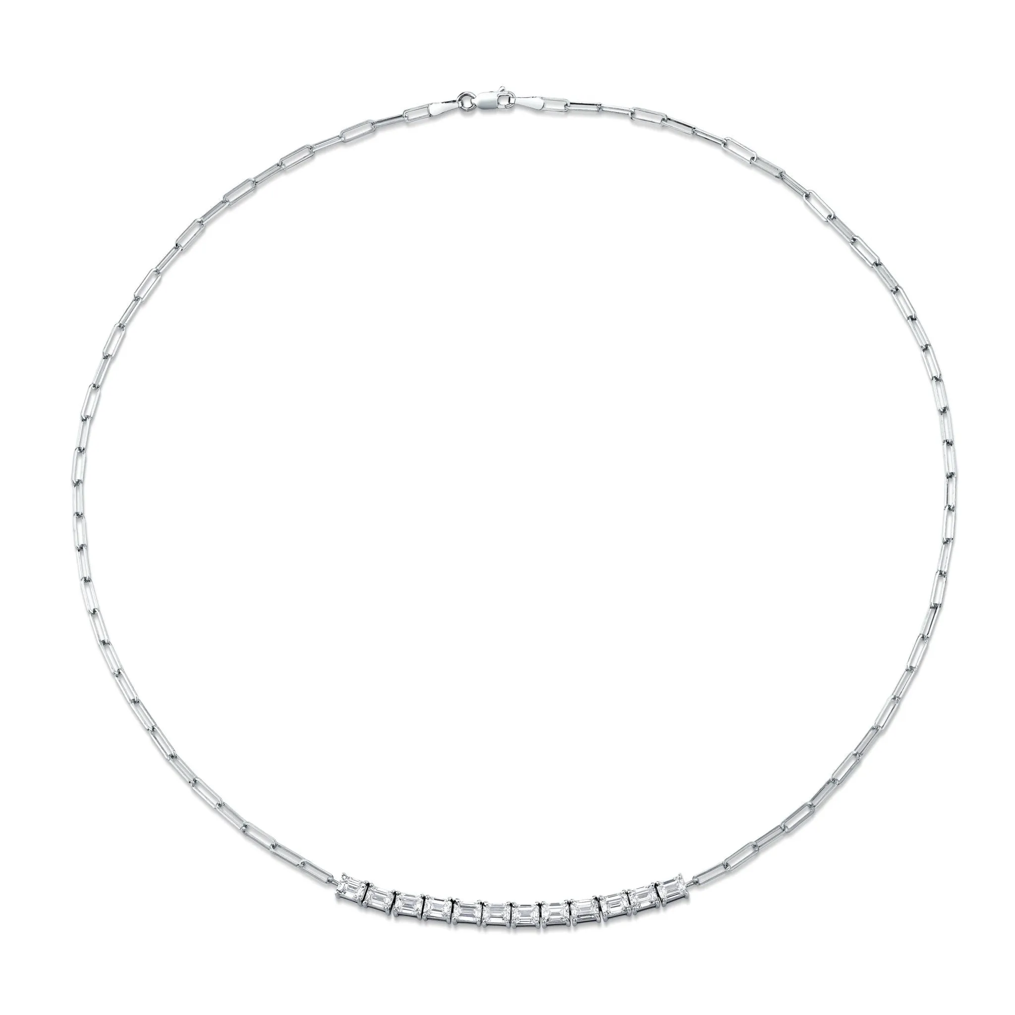 Floating East West Emerald Cut diamond Pendant on Paperclip Chain