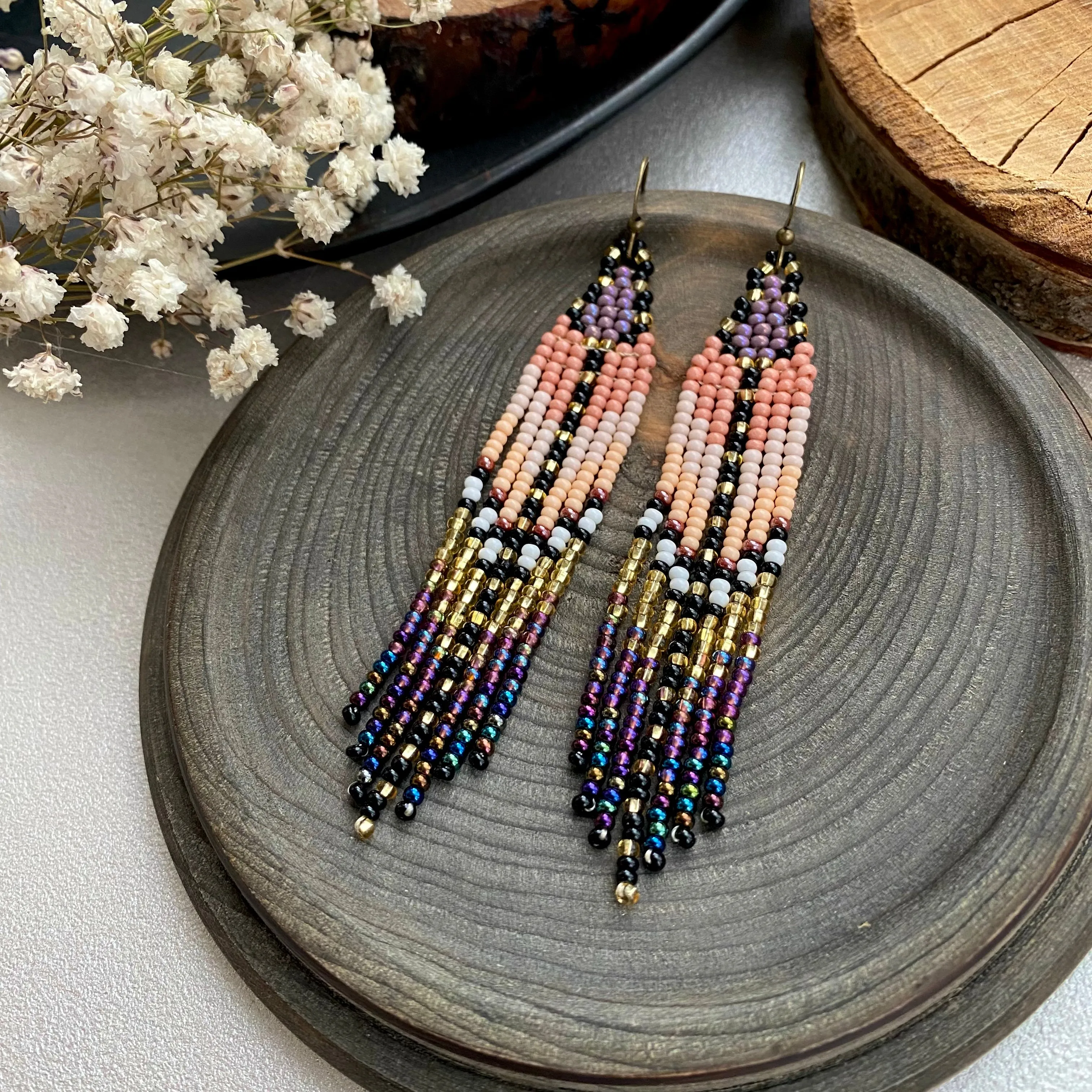 Gold Beige Purple Seed Bead Fringe Earrings, Long Dangle Chandelier Earrings, Ombre Statement Earring, Indigenous Native Inspired Earrings