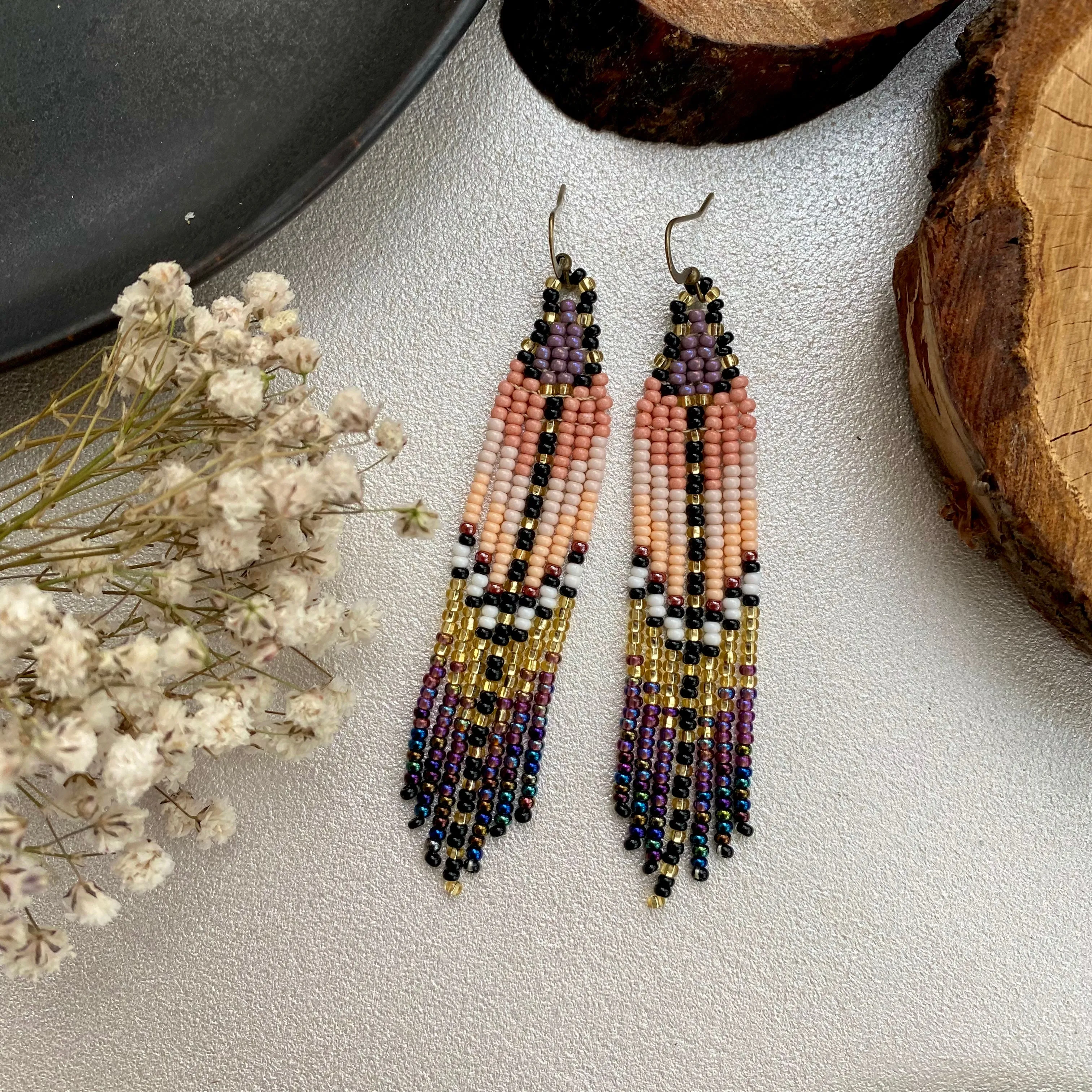 Gold Beige Purple Seed Bead Fringe Earrings, Long Dangle Chandelier Earrings, Ombre Statement Earring, Indigenous Native Inspired Earrings