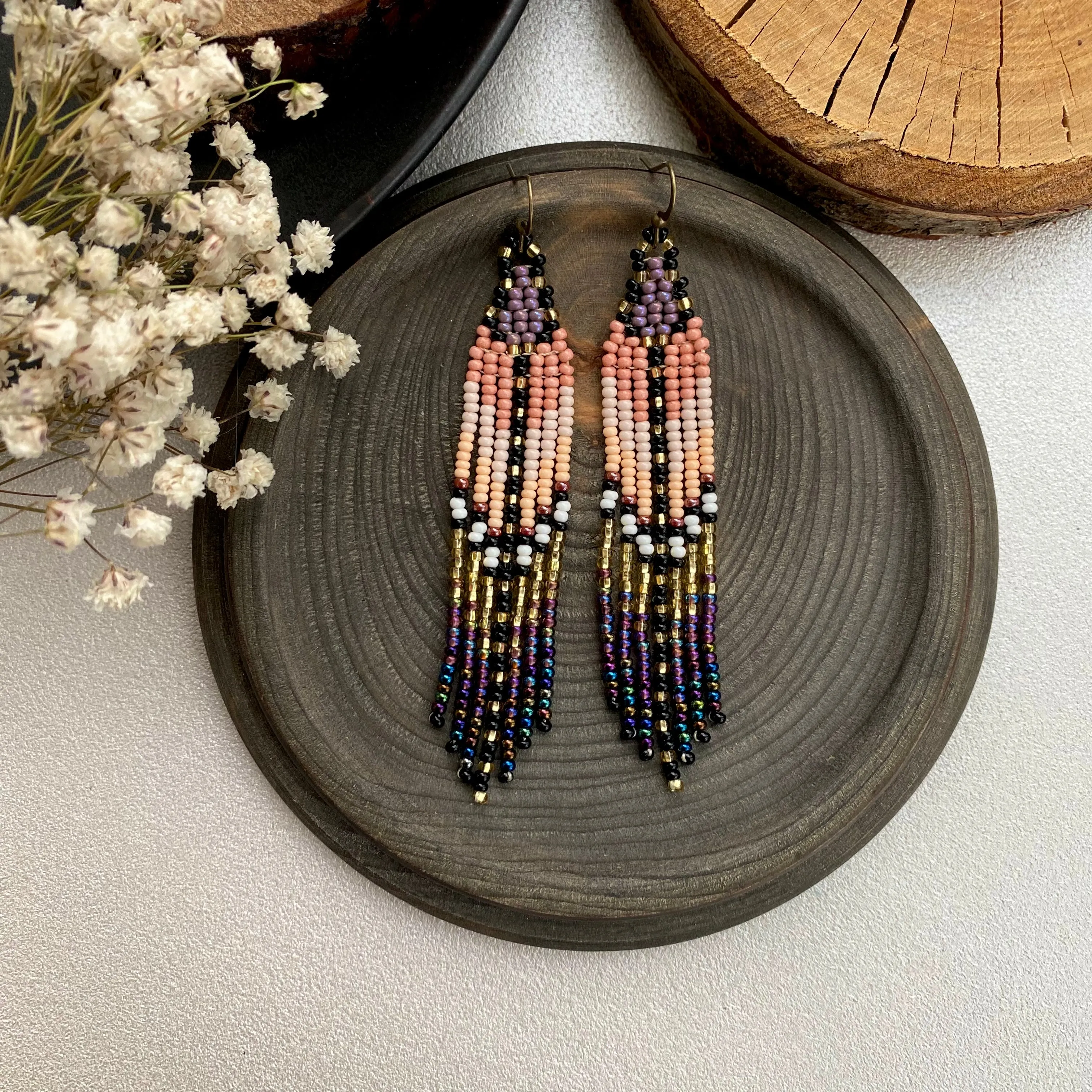 Gold Beige Purple Seed Bead Fringe Earrings, Long Dangle Chandelier Earrings, Ombre Statement Earring, Indigenous Native Inspired Earrings