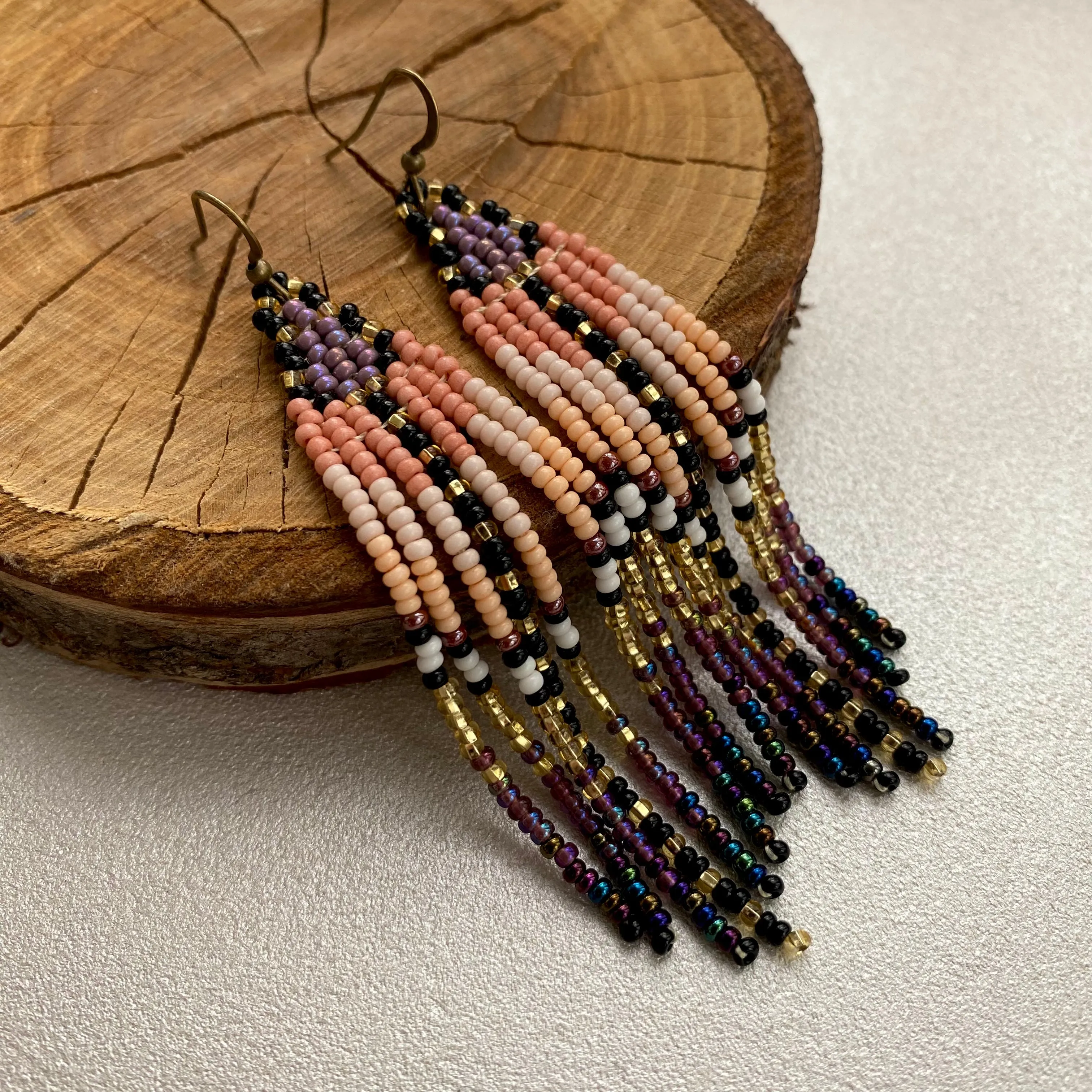 Gold Beige Purple Seed Bead Fringe Earrings, Long Dangle Chandelier Earrings, Ombre Statement Earring, Indigenous Native Inspired Earrings