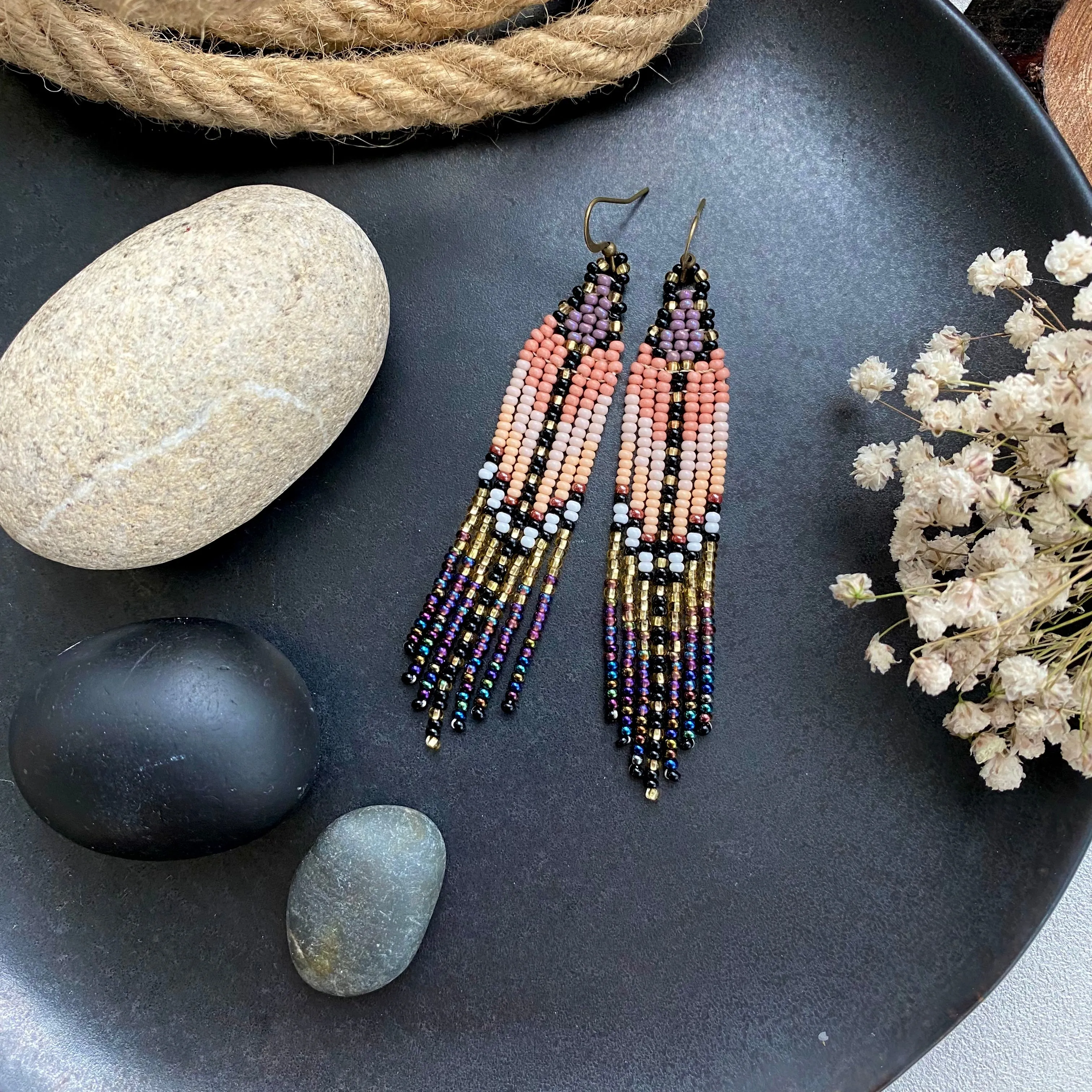 Gold Beige Purple Seed Bead Fringe Earrings, Long Dangle Chandelier Earrings, Ombre Statement Earring, Indigenous Native Inspired Earrings