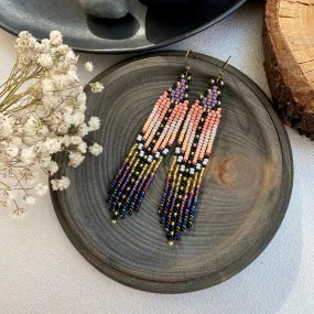 Gold Beige Purple Seed Bead Fringe Earrings, Long Dangle Chandelier Earrings, Ombre Statement Earring, Indigenous Native Inspired Earrings