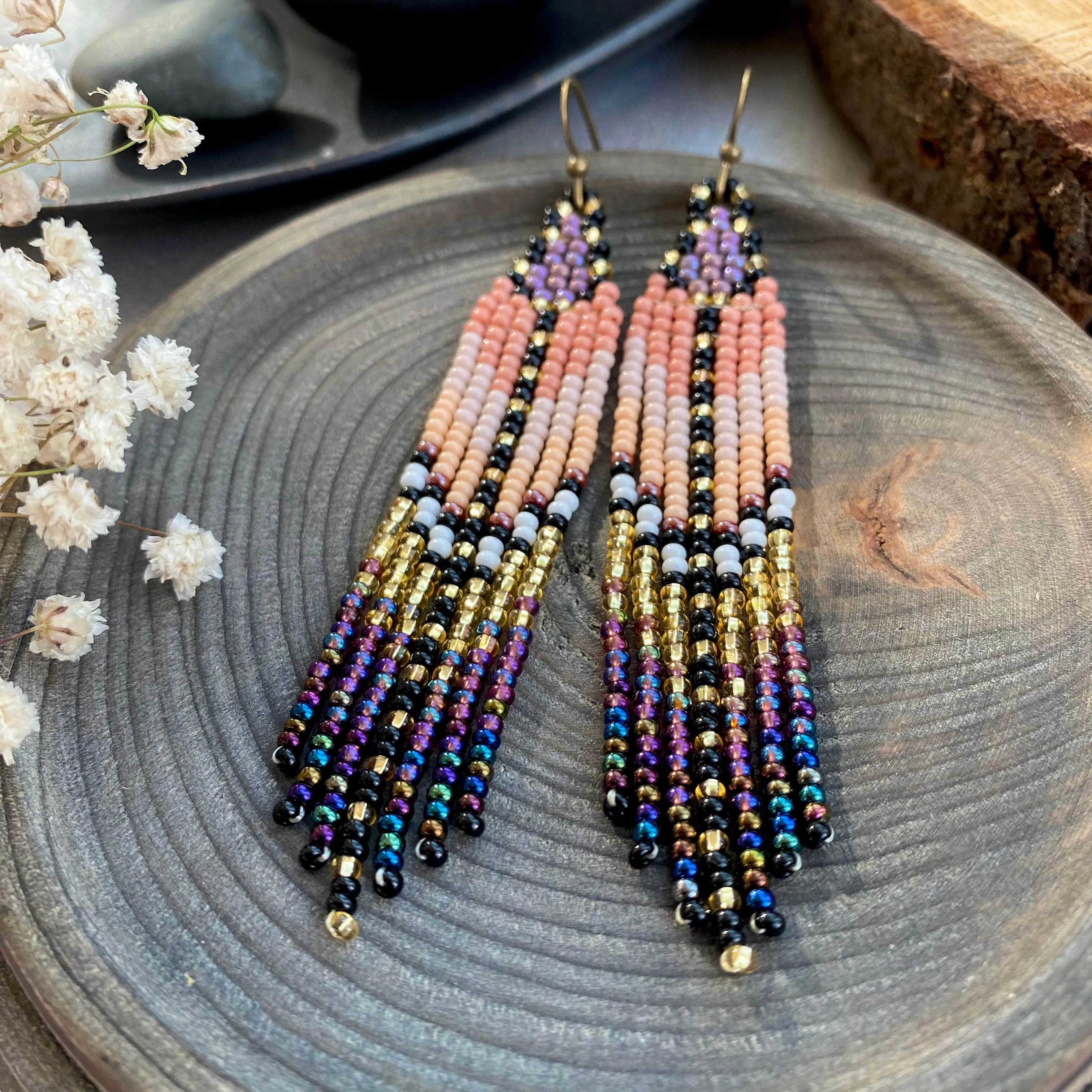 Gold Beige Purple Seed Bead Fringe Earrings, Long Dangle Chandelier Earrings, Ombre Statement Earring, Indigenous Native Inspired Earrings