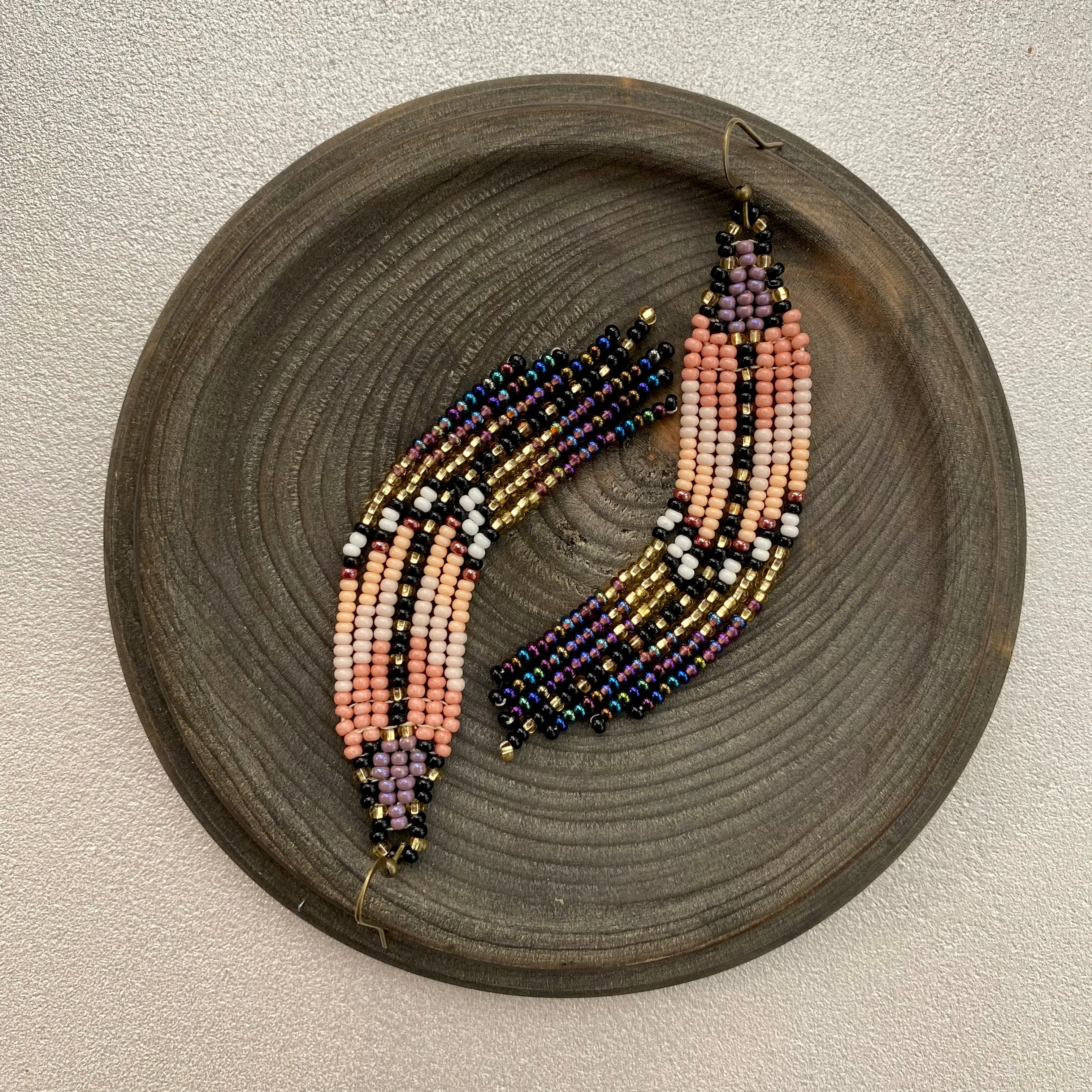 Gold Beige Purple Seed Bead Fringe Earrings, Long Dangle Chandelier Earrings, Ombre Statement Earring, Indigenous Native Inspired Earrings