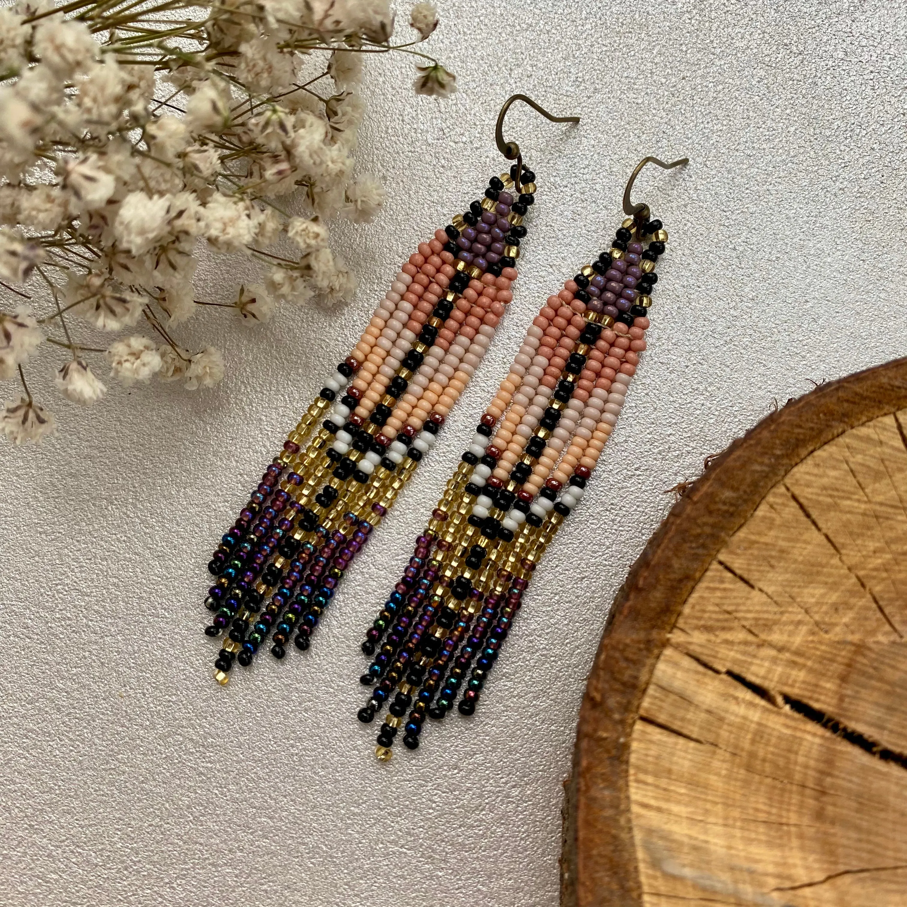 Gold Beige Purple Seed Bead Fringe Earrings, Long Dangle Chandelier Earrings, Ombre Statement Earring, Indigenous Native Inspired Earrings