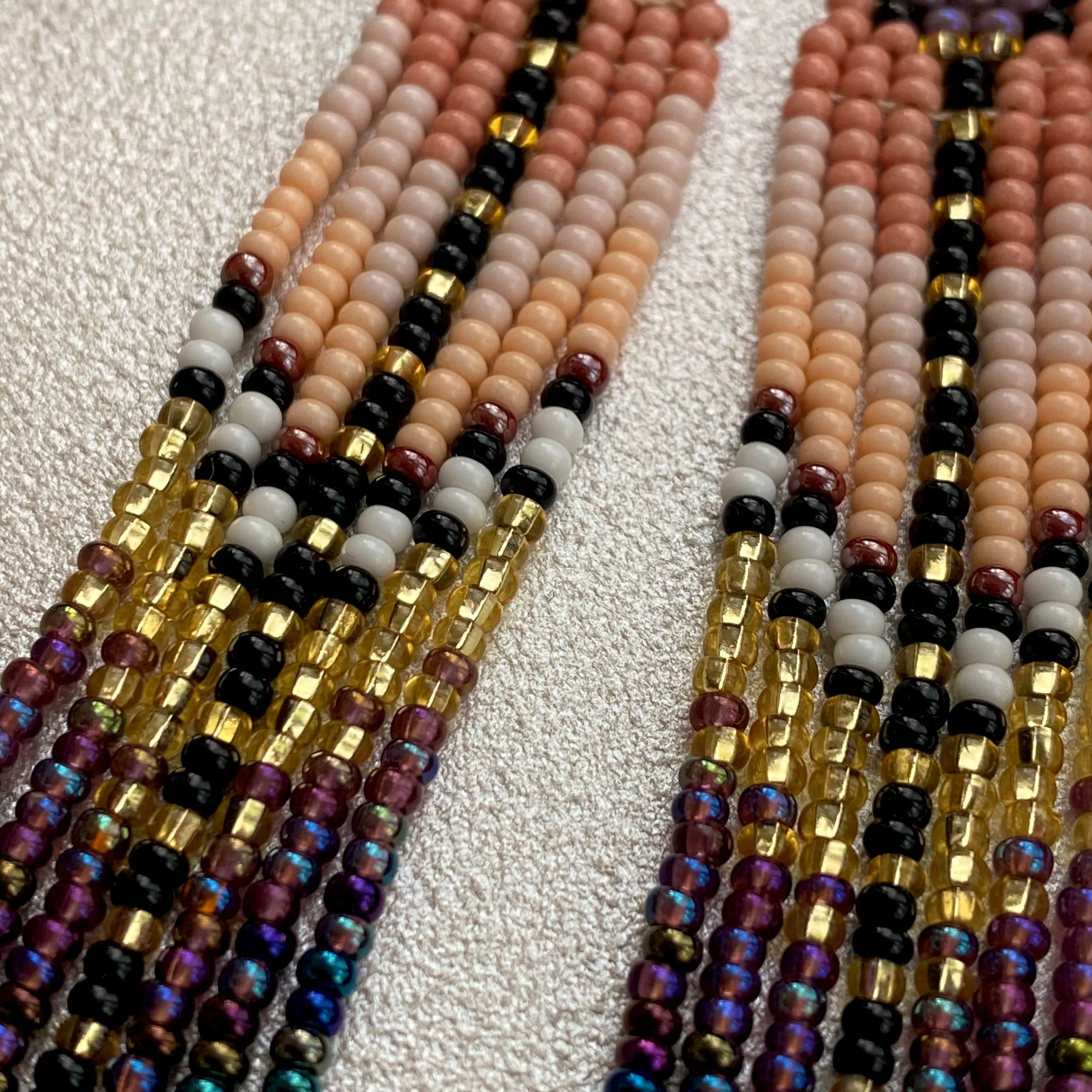 Gold Beige Purple Seed Bead Fringe Earrings, Long Dangle Chandelier Earrings, Ombre Statement Earring, Indigenous Native Inspired Earrings