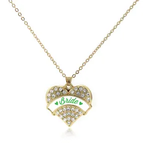 Gold Emerald Green Bride Pave Heart Charm Classic Necklace