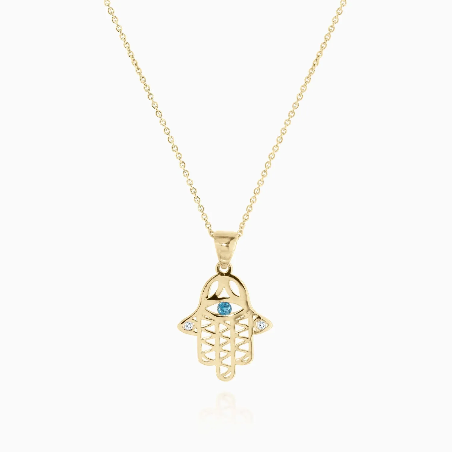 Gold Hamsa Necklace with Blue Topaz and Diamonds
