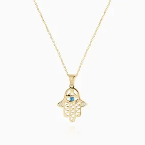 Gold Hamsa Necklace with Blue Topaz and Diamonds