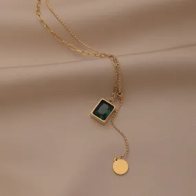 Gold-Plated Lariat Necklace with Emerald Green Pendant – Elegant Minimalist Jewelry-jltn0563