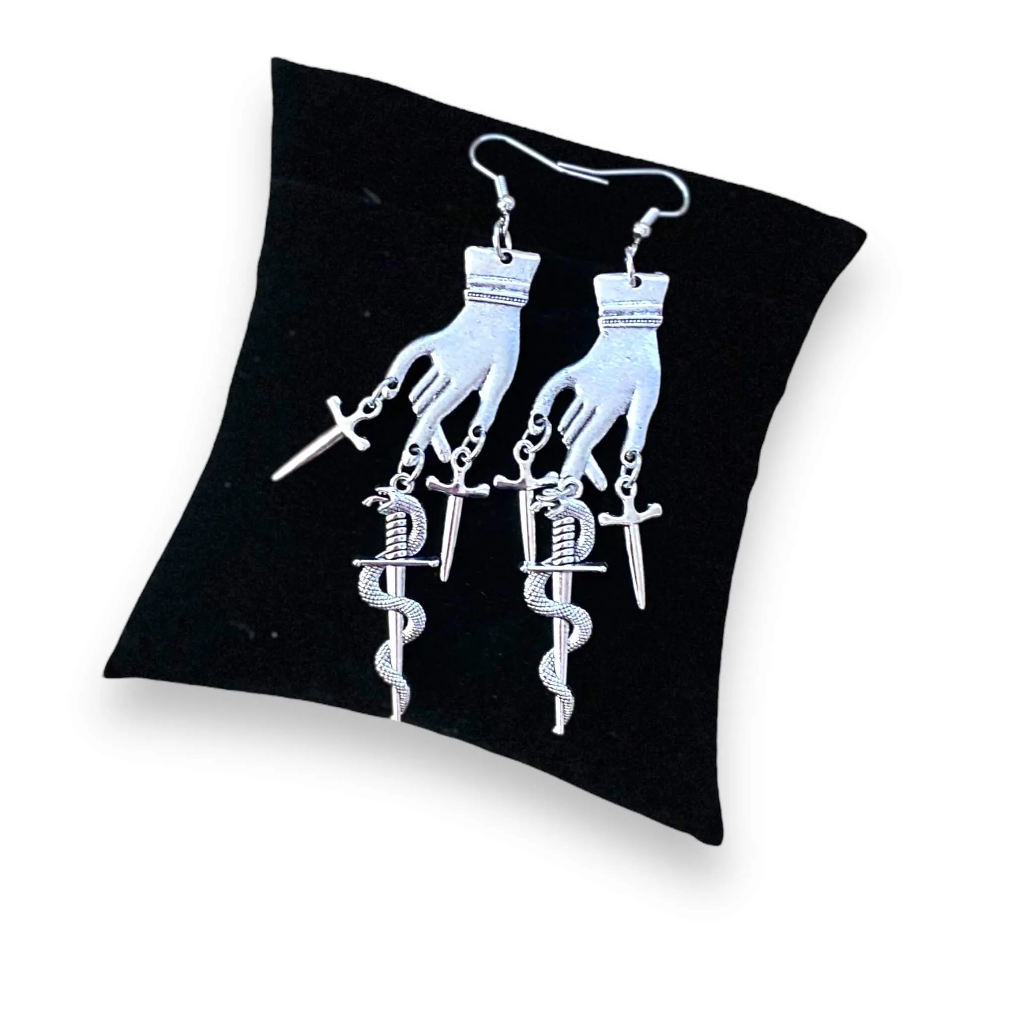Gothic Hand and Sword Pendant Earrings