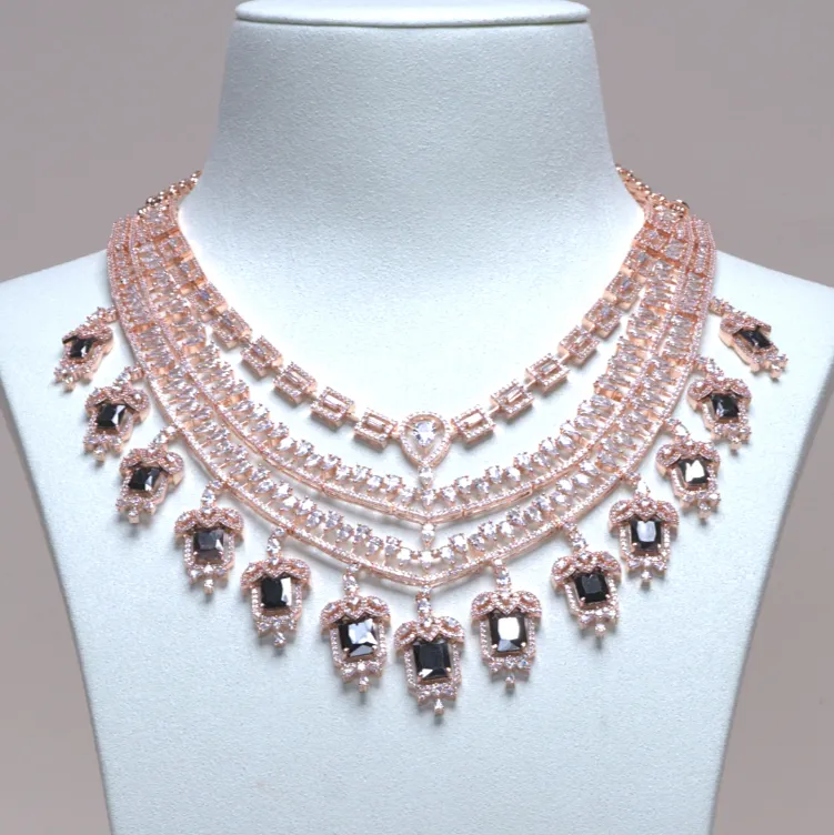 Grace Chandelier Statement Necklace Set Designer Rose Gold Black Plated Fashion Jewelry by Jaipur Rose Indian Jewelry Online