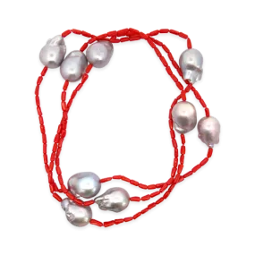 Gray Baroque Pearl & Coral Bead Necklace