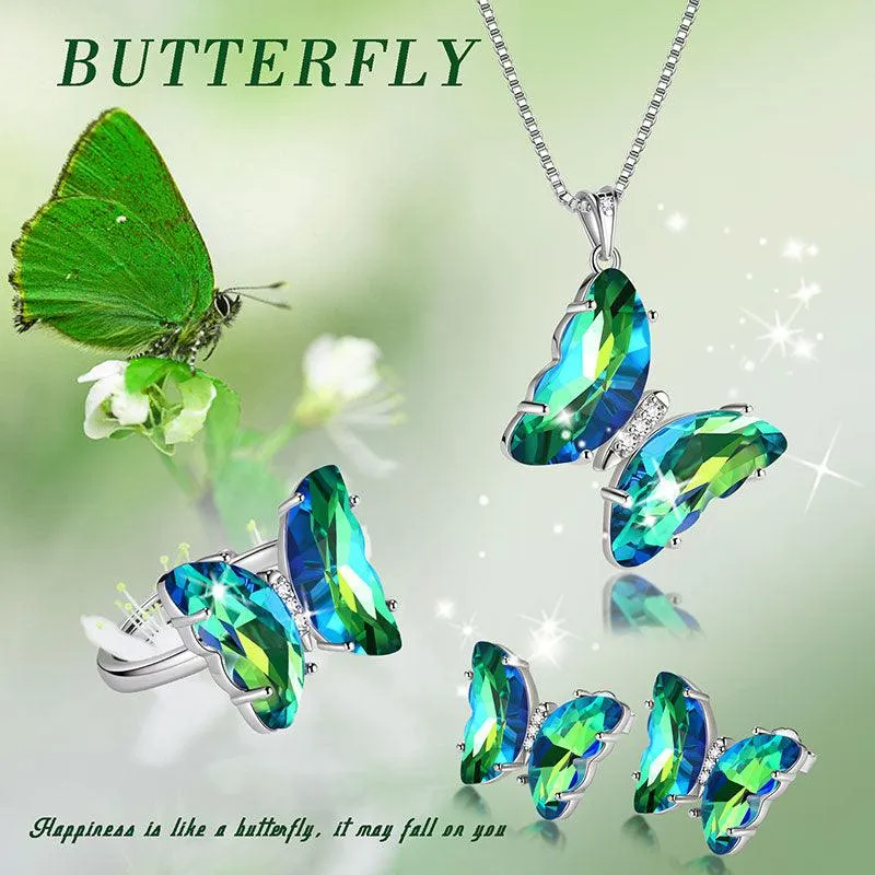 Green Butterfly Jewelry Set 4PCS May Emerald Birthstone Women Girls Birthday Gifts
